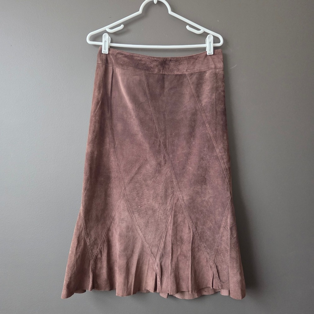 Vtg Context Brown Suede Leather Paneled Midi Skirt Size 4 Flared Hem Y2K‎ Boho